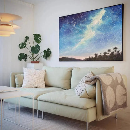 CELESTIAL DREAMSCAPE: Nightscape Painting, Starry Sky Wall Art, Panoramic Landscape, Horizontal Canvas | rolled canvas, ready for custom framing