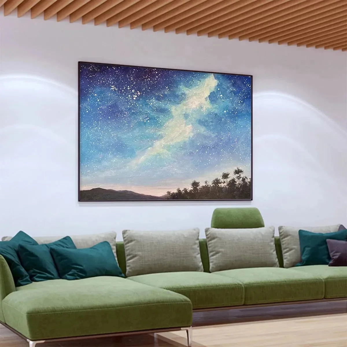 CELESTIAL DREAMSCAPE: Nightscape Painting, Starry Sky Wall Art, Panoramic Landscape, Horizontal Canvas | black frame version on white wall