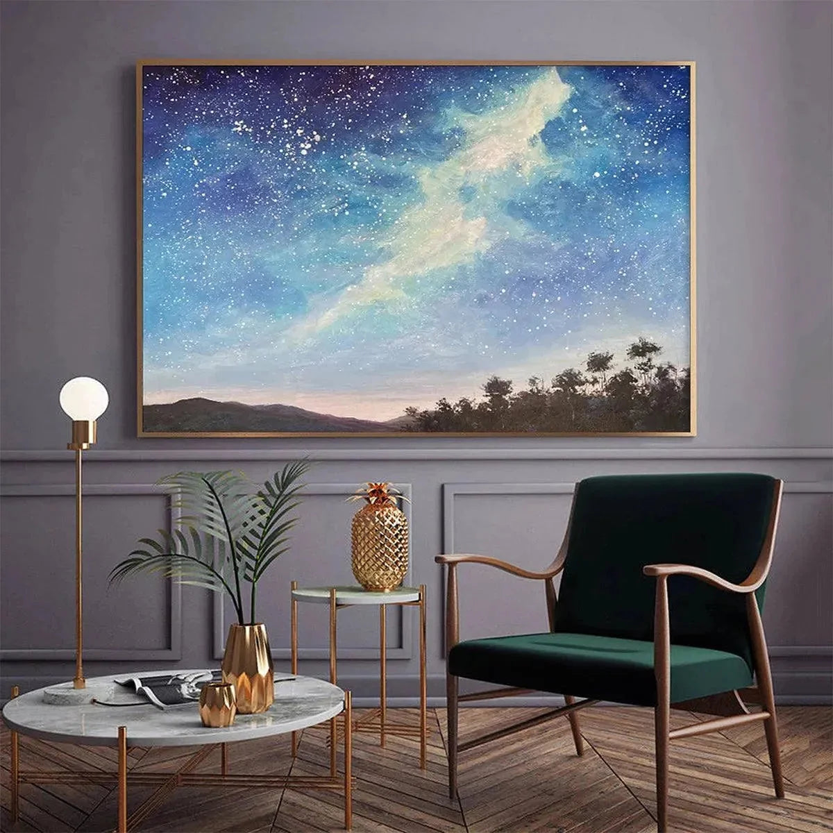 CELESTIAL DREAMSCAPE: Nightscape Painting, Starry Sky Wall Art, Panoramic Landscape, Horizontal Canvas | Abstract mood, soft natural light studio shot