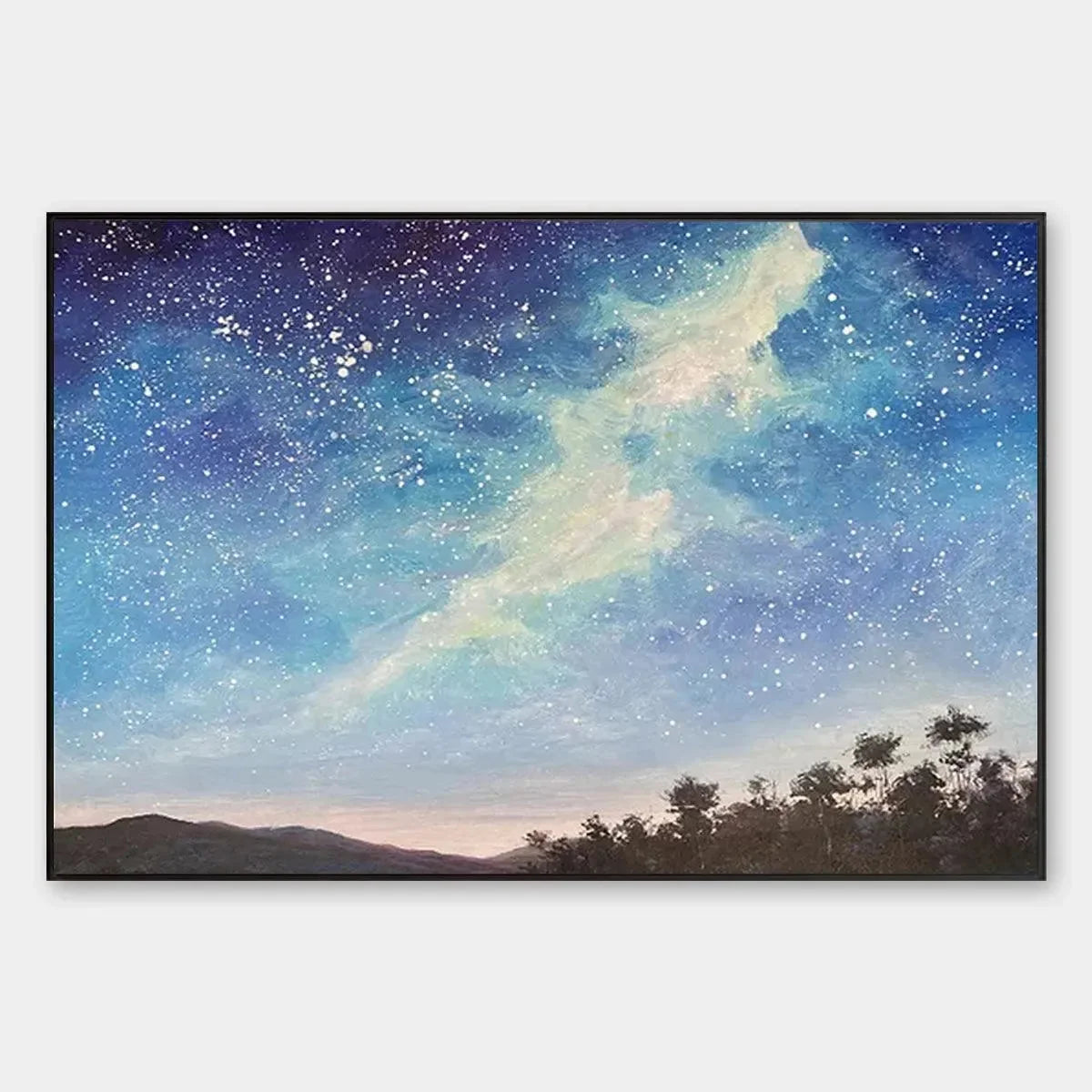 CELESTIAL DREAMSCAPE: Nightscape Painting, Starry Sky Wall Art, Panoramic Landscape, Horizontal Canvas | hanging in Nightscape oil painting with starry sky and panoramic celestial dreamscape; rich ...