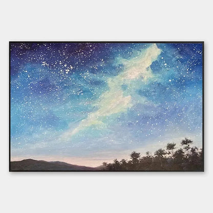 CELESTIAL DREAMSCAPE: Nightscape Painting, Starry Sky Wall Art, Panoramic Landscape, Horizontal Canvas | hanging in Nightscape oil painting with starry sky and panoramic celestial dreamscape; rich ...