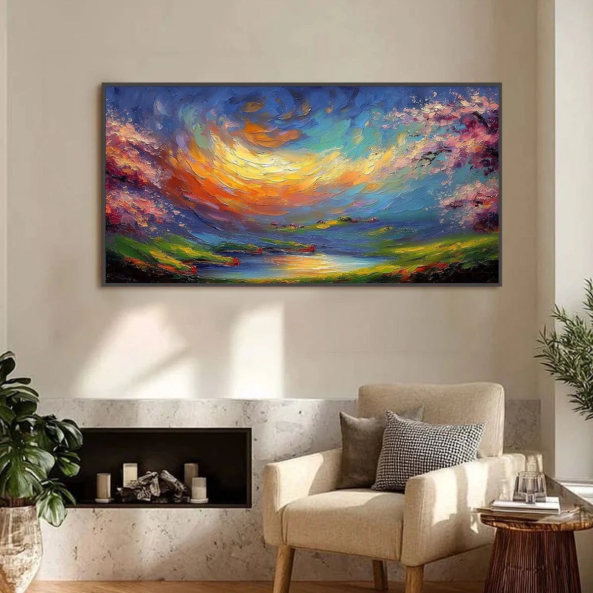 CELESTIAL EMBRACE: Heavily Textured Impasto Landscape Painting of a Vibrant Sunset | Abstract closeup, raised brushwork detail