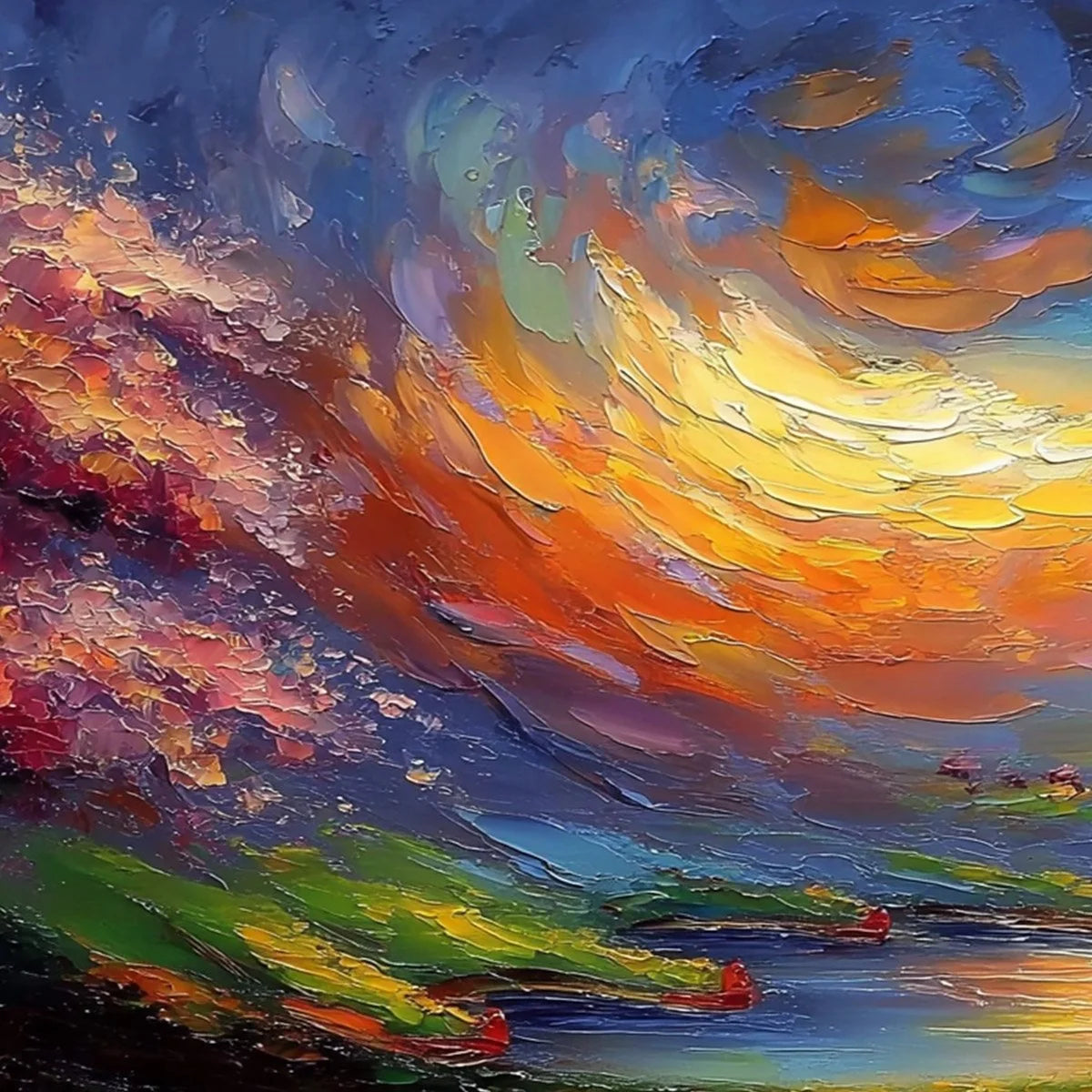 CELESTIAL EMBRACE: Heavily Textured Impasto Landscape Painting of a Vibrant Sunset | rectangular format, hand-painted canvas edge