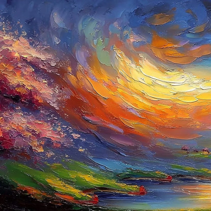 CELESTIAL EMBRACE: Heavily Textured Impasto Landscape Painting of a Vibrant Sunset | rectangular format, hand-painted canvas edge