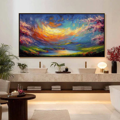 CELESTIAL EMBRACE: Heavily Textured Impasto Landscape Painting of a Vibrant Sunset | gold frame stretched on neutral wall