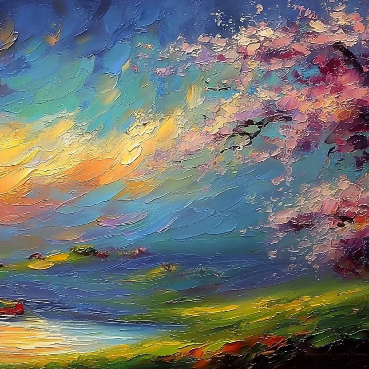 CELESTIAL EMBRACE: Heavily Textured Impasto Landscape Painting of a Vibrant Sunset | rolled canvas, ready for custom framing