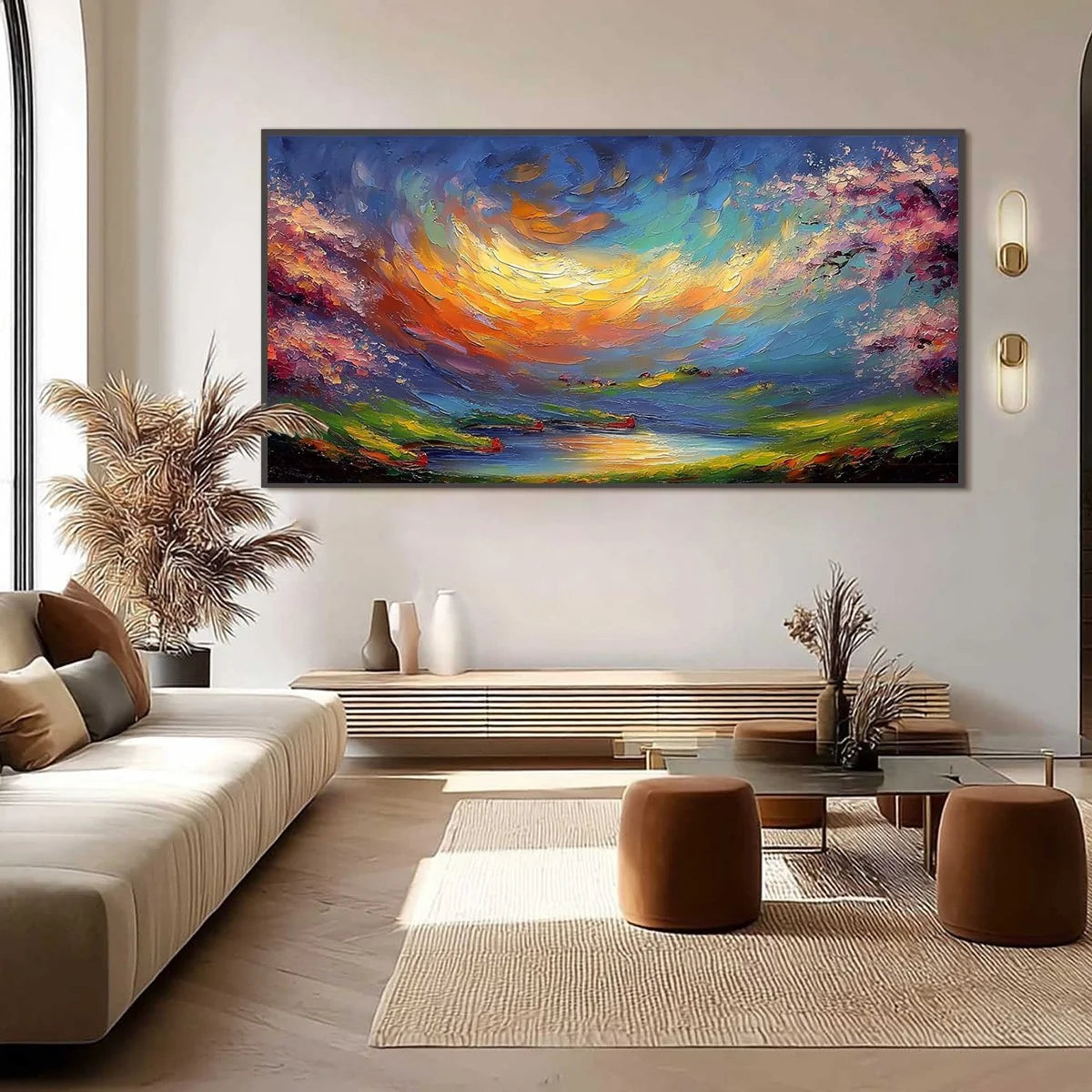 CELESTIAL EMBRACE: Heavily Textured Impasto Landscape Painting of a Vibrant Sunset | black frame version on white wall