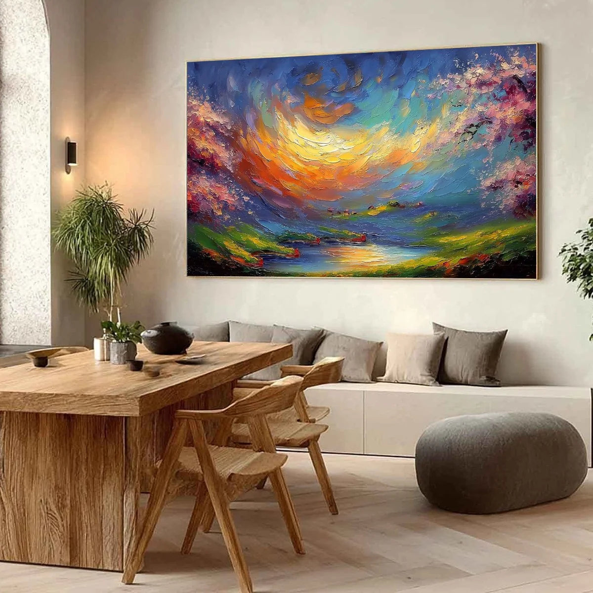 CELESTIAL EMBRACE: Heavily Textured Impasto Landscape Painting of a Vibrant Sunset | Abstract mood, soft natural light studio shot