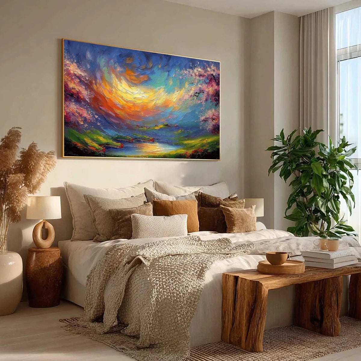 CELESTIAL EMBRACE: Heavily Textured Impasto Landscape Painting of a Vibrant Sunset | beige palette, original Hand-painted on wide stretched canvas with artist-grade oils; rich layered surface creat...