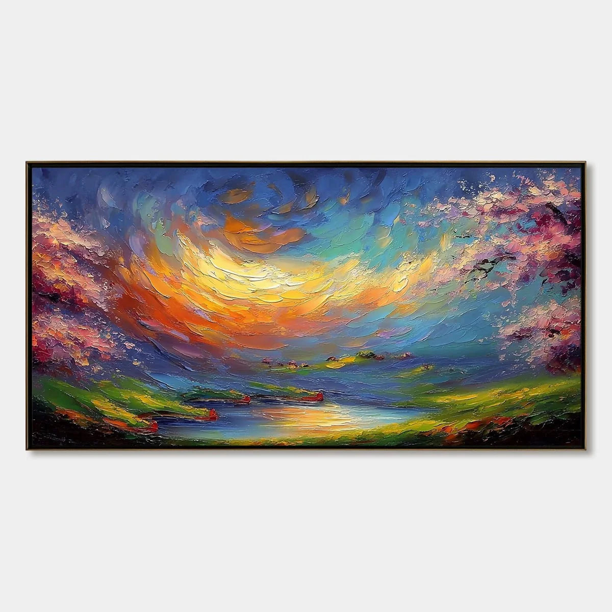 CELESTIAL EMBRACE: Heavily Textured Impasto Landscape Painting of a Vibrant Sunset | hanging in Heavily textured impasto landscape oil painting of a vibrant celestial sunset; rich palette-knife wor...