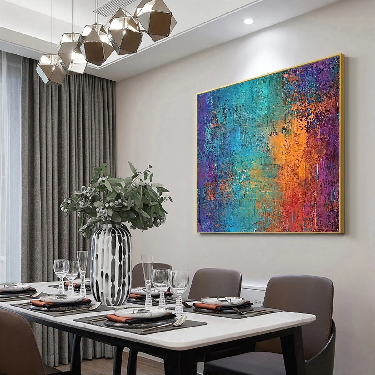 CELESTIAL FUSION: Textured Abstract Oil Painting | gold frame stretched on neutral wall