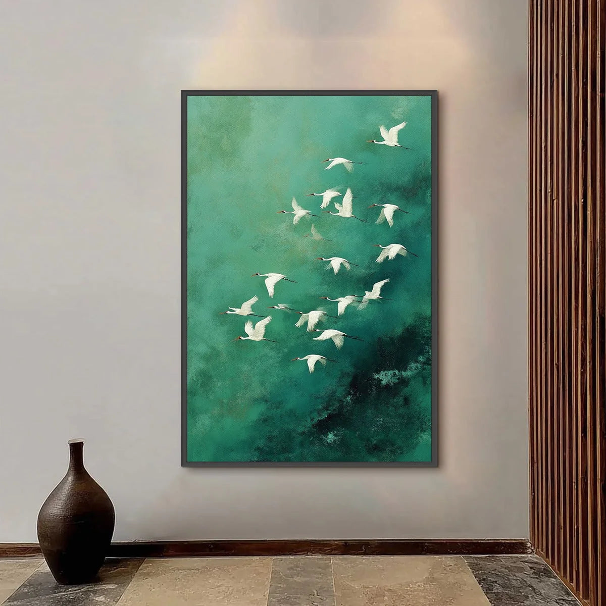 Celestial Journey: Green Crane Abstract Vertical | abstract closeup, raised brushwork detail