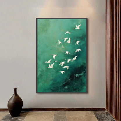 Celestial Journey: Green Crane Abstract Vertical | abstract closeup, raised brushwork detail