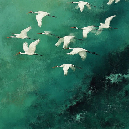 Celestial Journey: Green Crane Abstract Vertical | rectangular format, hand-painted canvas edge