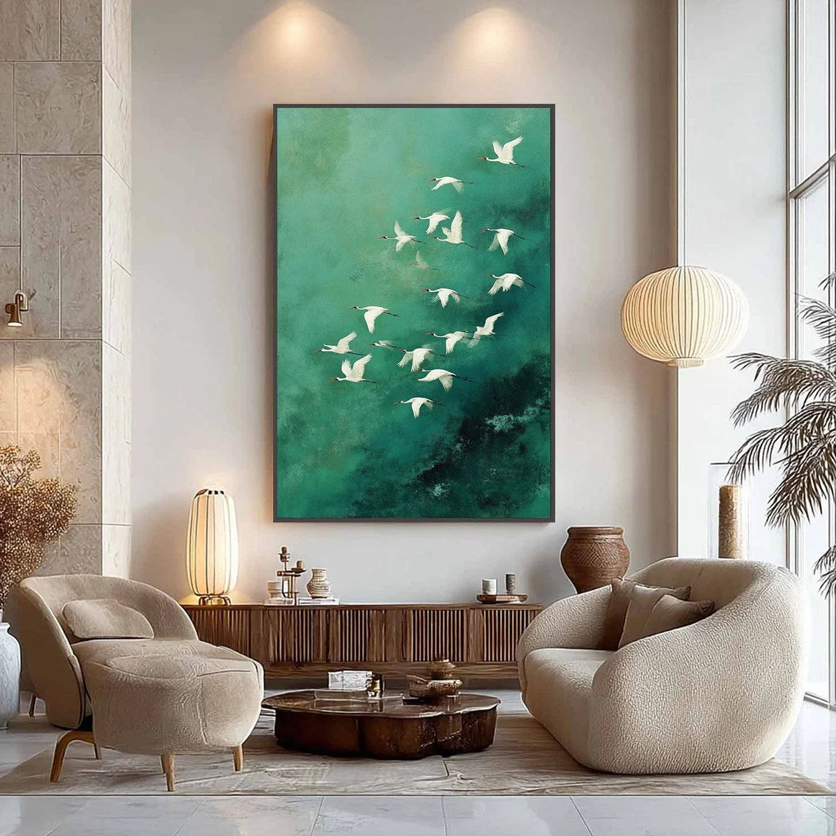 Celestial Journey: Green Crane Abstract Vertical | gold frame stretched on neutral wall
