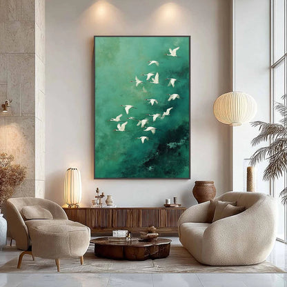 Celestial Journey: Green Crane Abstract Vertical | gold frame stretched on neutral wall