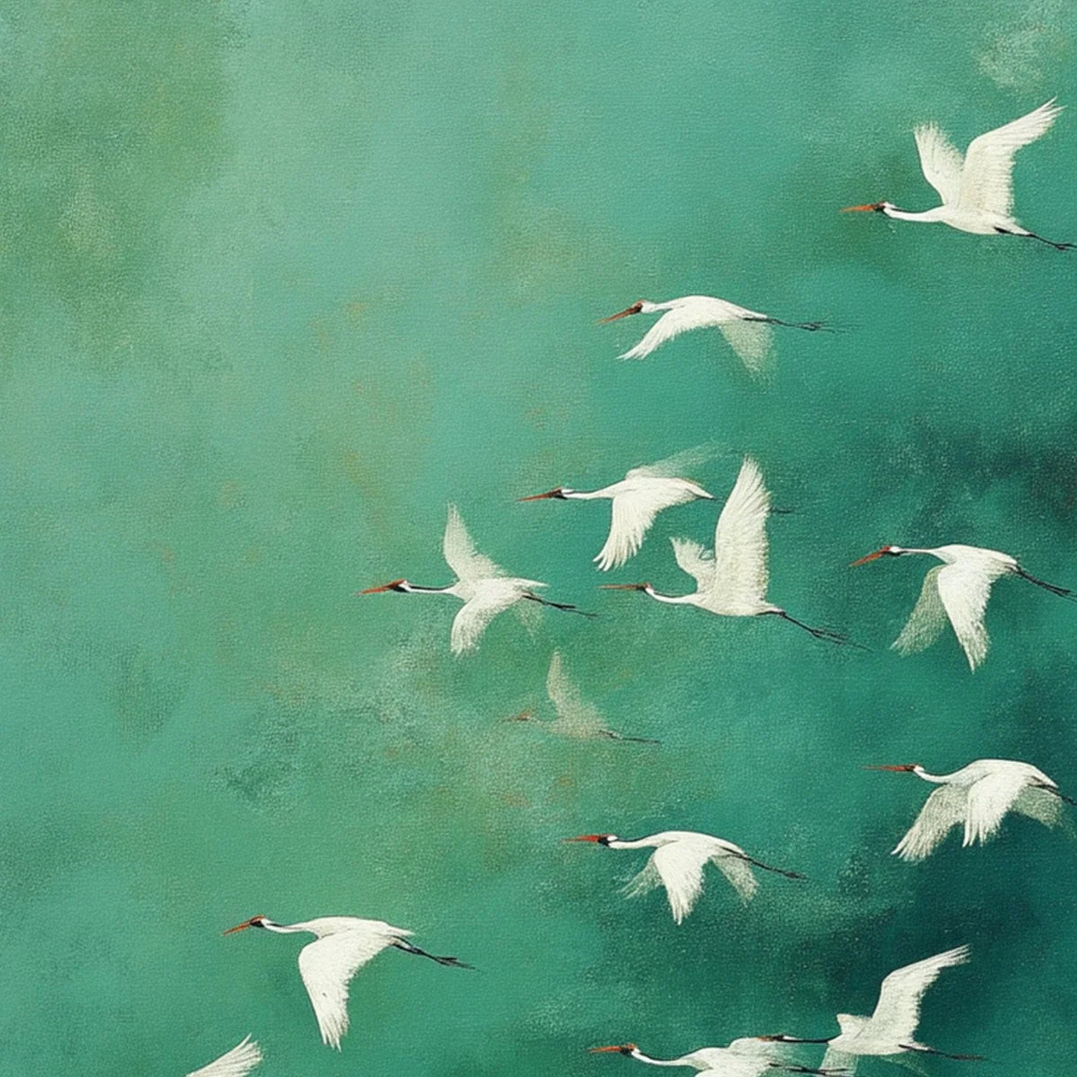 Celestial Journey: Green Crane Abstract Vertical | rolled canvas, ready for custom framing