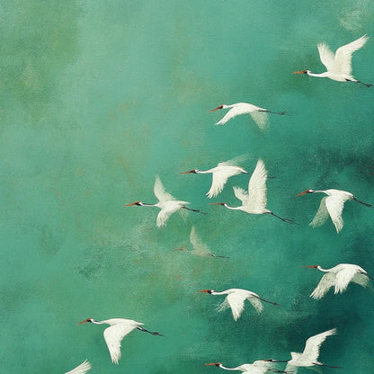Celestial Journey: Green Crane Abstract Vertical | rolled canvas, ready for custom framing