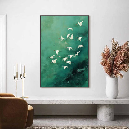 Celestial Journey: Green Crane Abstract Vertical | black frame version on white wall
