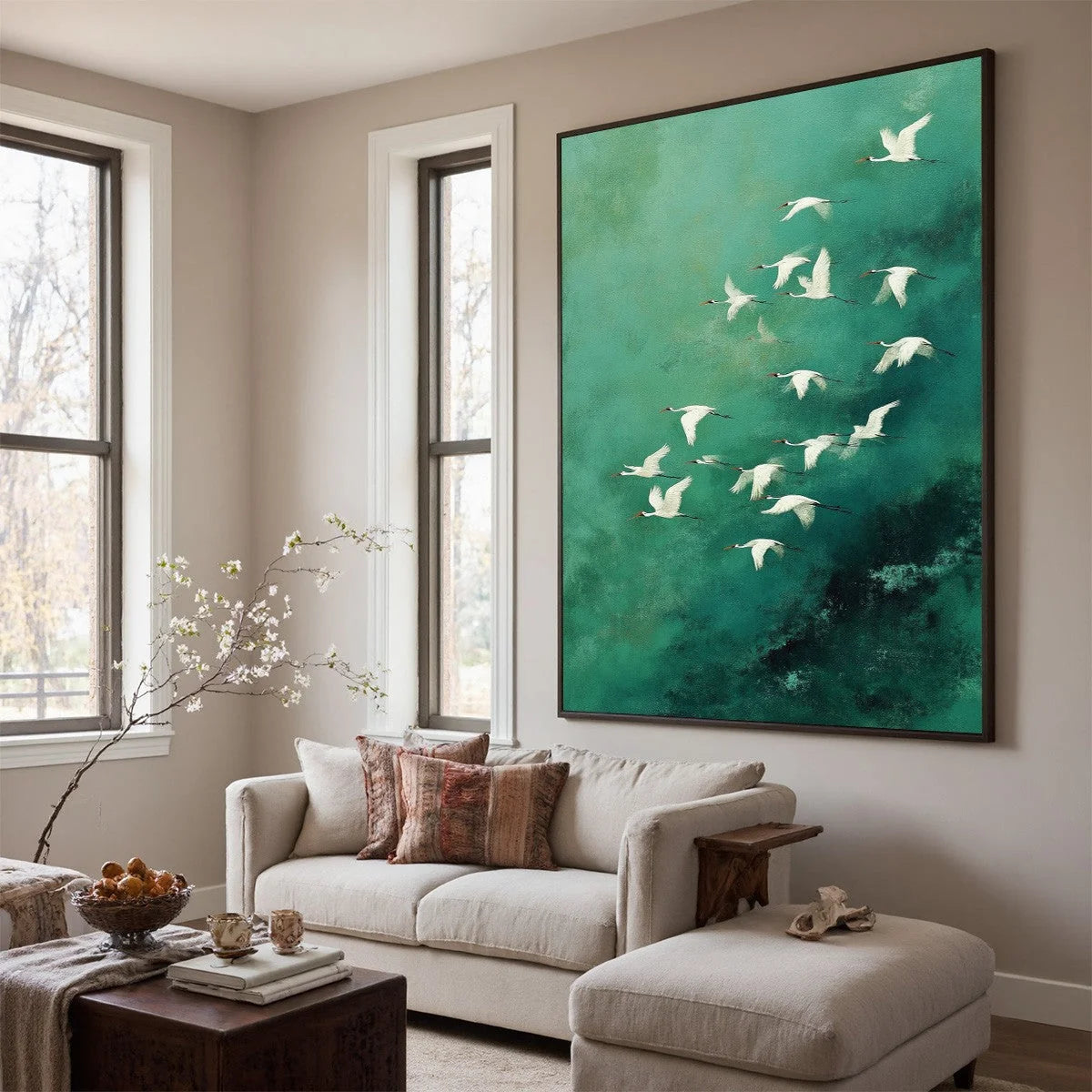 Celestial Journey: Green Crane Abstract Vertical | abstract mood, soft natural light studio shot