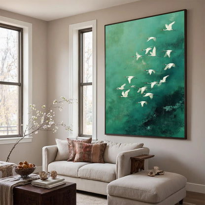 Celestial Journey: Green Crane Abstract Vertical | abstract mood, soft natural light studio shot