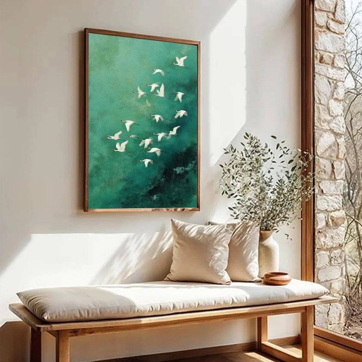 Celestial Journey: Green Crane Abstract Vertical | green palette, original living room art