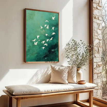 Celestial Journey: Green Crane Abstract Vertical | green palette, original living room art