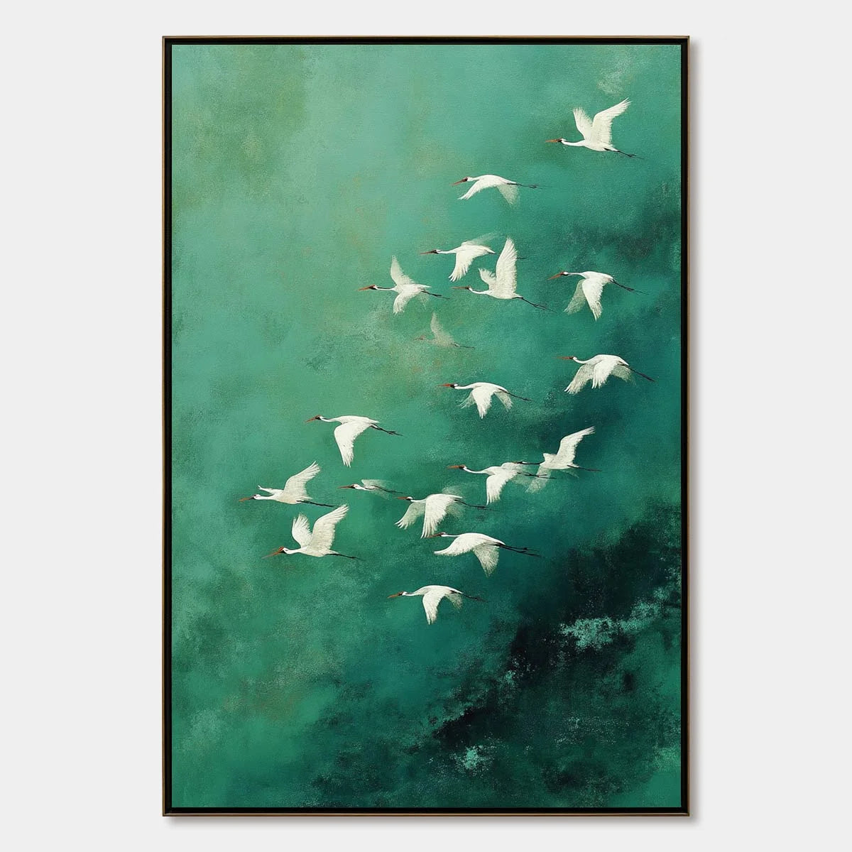 Celestial Journey: Green Crane Abstract Vertical | hanging in bedroom, abstract wall art