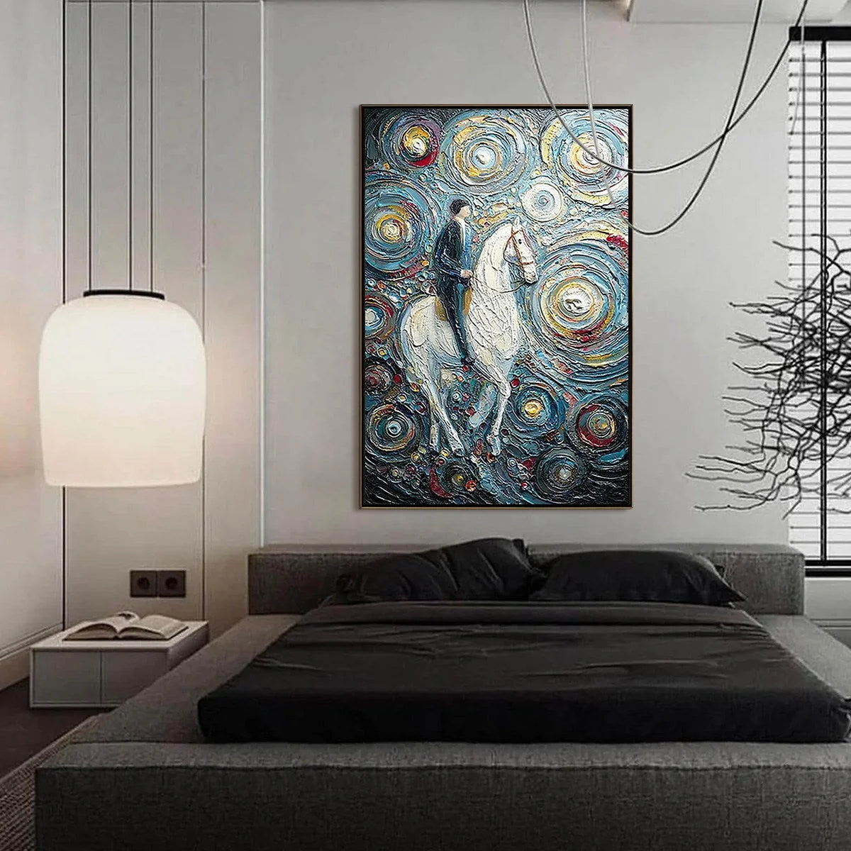 CELESTIAL JOURNEY: Textured Impasto Painting of a Crane | gold frame stretched on neutral wall