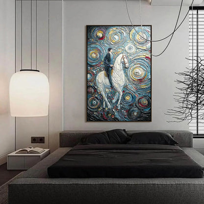 CELESTIAL JOURNEY: Textured Impasto Painting of a Crane | gold frame stretched on neutral wall