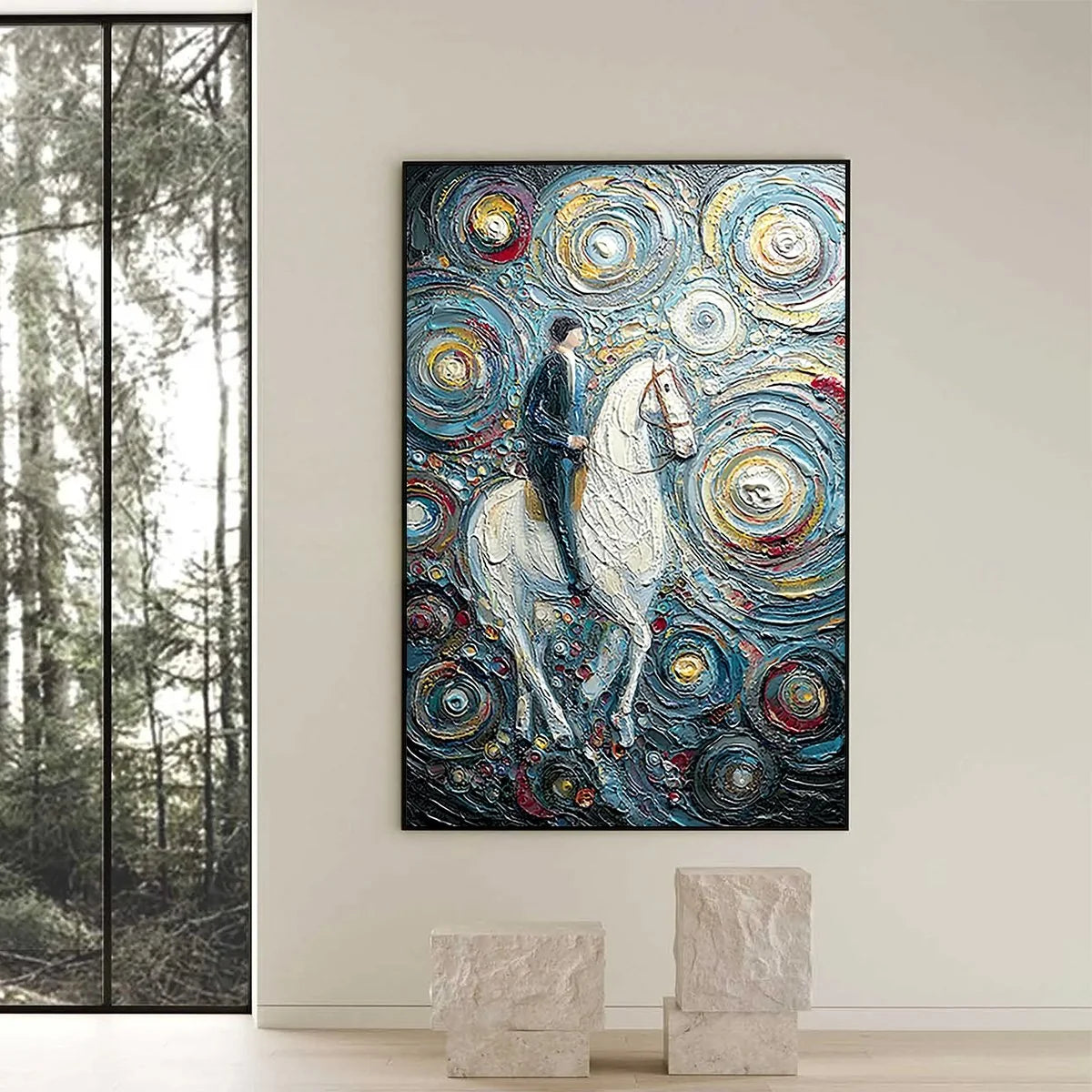 CELESTIAL JOURNEY: Textured Impasto Painting of a Crane | black frame version on white wall