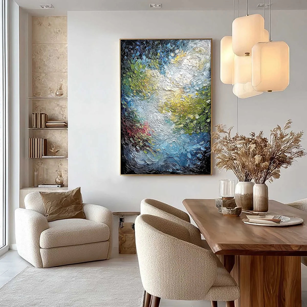 CELESTIAL POND: Heavily Textured Abstract Impasto | gold frame stretched on neutral wall