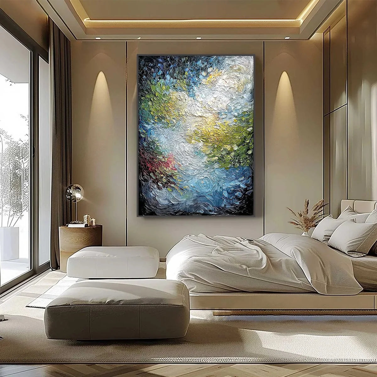 CELESTIAL POND: Heavily Textured Abstract Impasto | black frame version on white wall