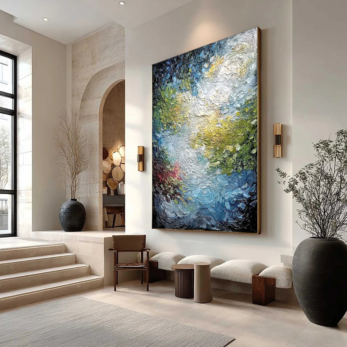 CELESTIAL POND: Heavily Textured Abstract Impasto | heavily textured impasto mood, soft natural light studio shot