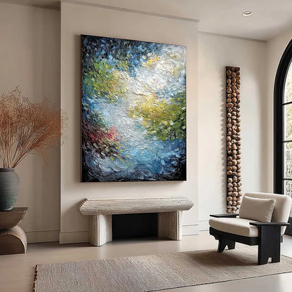 CELESTIAL POND: Heavily Textured Abstract Impasto | blue palette, original living room art