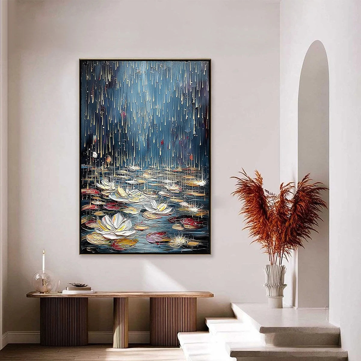 CELESTIAL POND: Textured Impasto Painting of Luminous Water | gold frame stretched on neutral wall