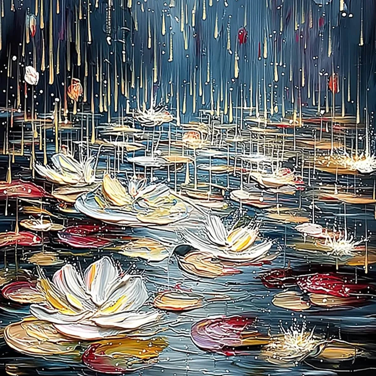 CELESTIAL POND: Textured Impasto Painting of Luminous Water | rolled canvas, ready for custom framing