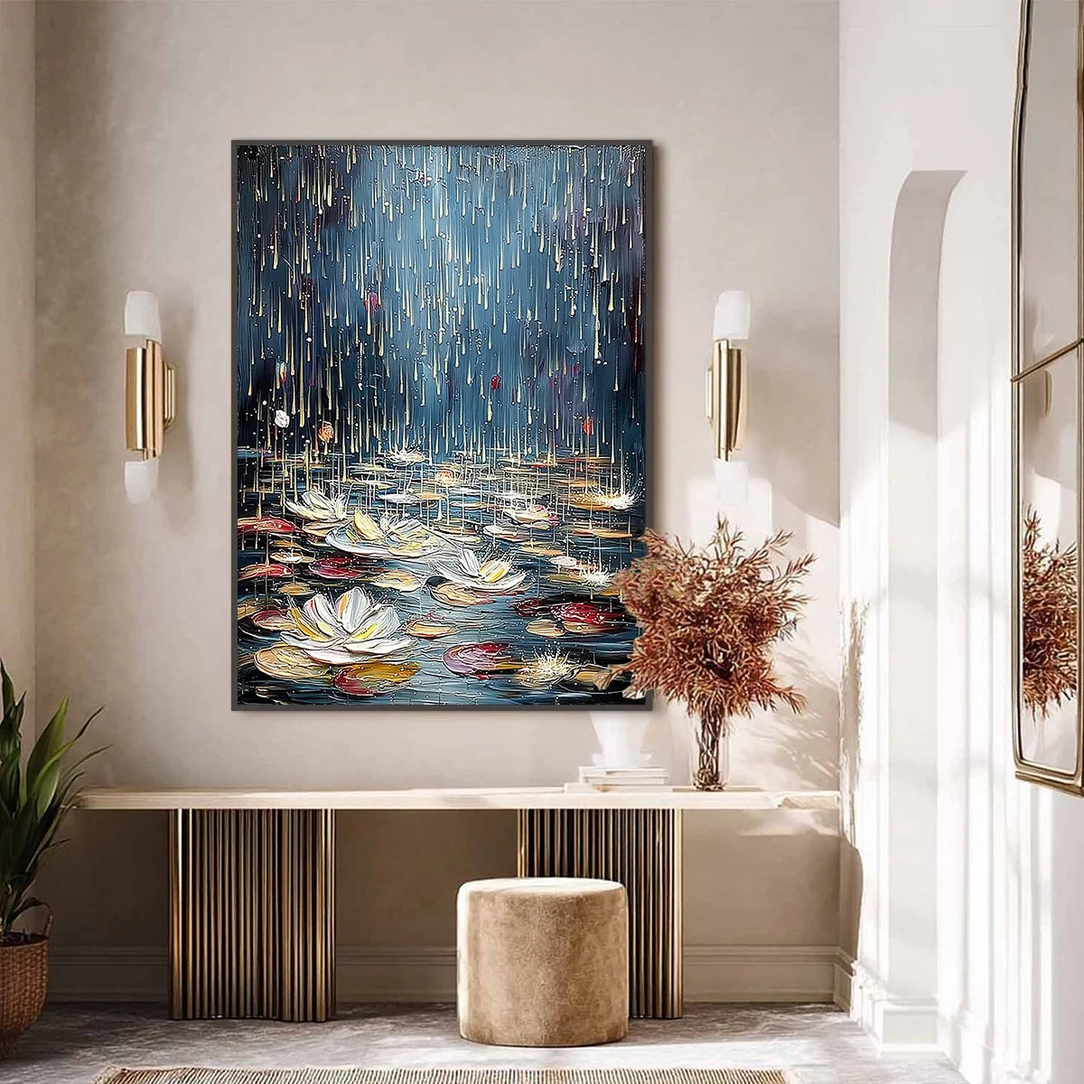 CELESTIAL POND: Textured Impasto Painting of Luminous Water | black frame version on white wall