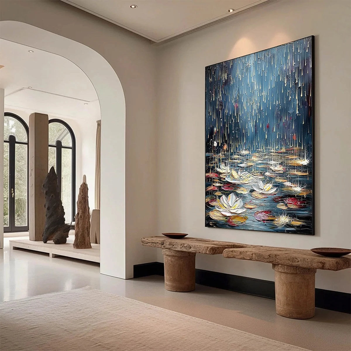 CELESTIAL POND: Textured Impasto Painting of Luminous Water | textured impasto mood, soft natural light studio shot