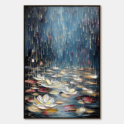 CELESTIAL POND: Textured Impasto Painting of Luminous Water | hanging in bedroom, textured impasto wall art