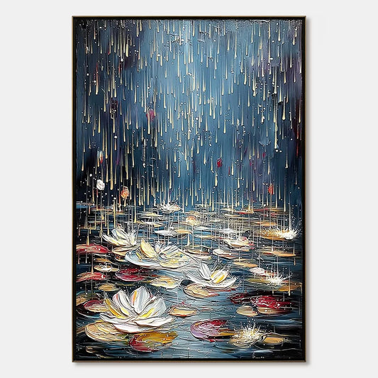 CELESTIAL POND: Textured Impasto Painting of Luminous Water | hanging in bedroom, textured impasto wall art
