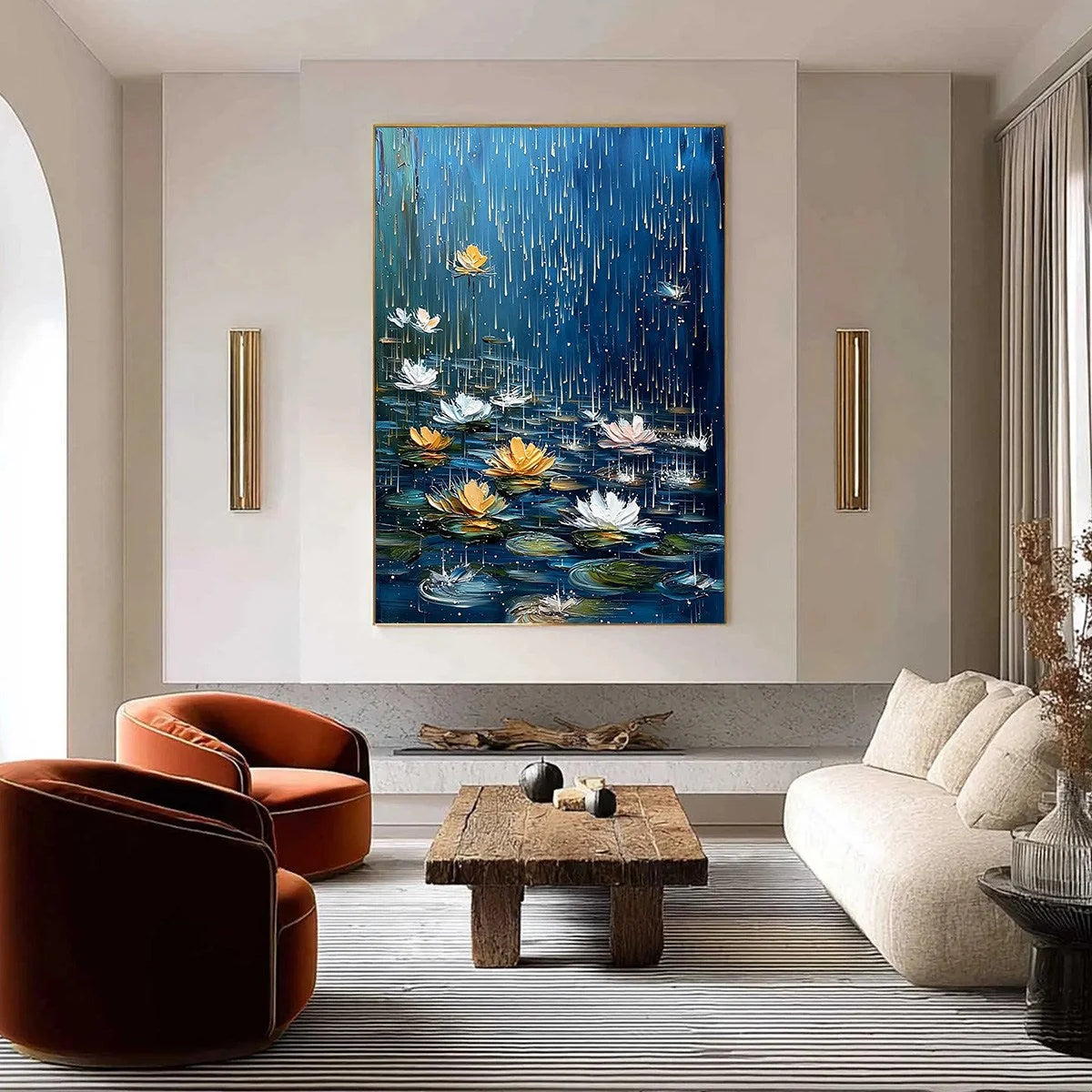 CELESTIAL RAIN: Textured Impasto Painting of Water Lilies in Rain | Abstract closeup, raised brushwork detail