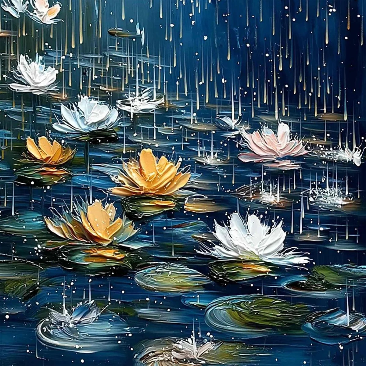CELESTIAL RAIN: Textured Impasto Painting of Water Lilies in Rain | rectangular format, hand-painted canvas edge