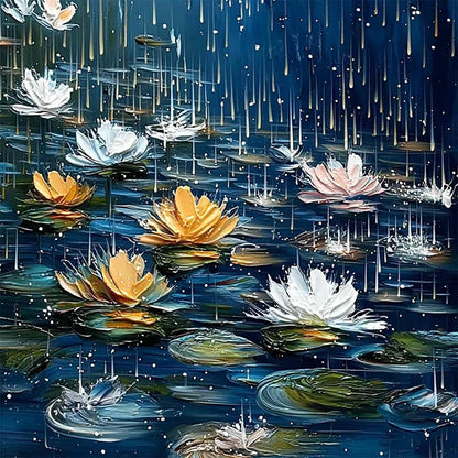 CELESTIAL RAIN: Textured Impasto Painting of Water Lilies in Rain | rectangular format, hand-painted canvas edge