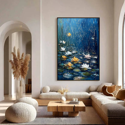 CELESTIAL RAIN: Textured Impasto Painting of Water Lilies in Rain | gold frame stretched on neutral wall