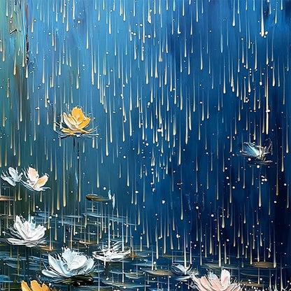 CELESTIAL RAIN: Textured Impasto Painting of Water Lilies in Rain | rolled canvas, ready for custom framing