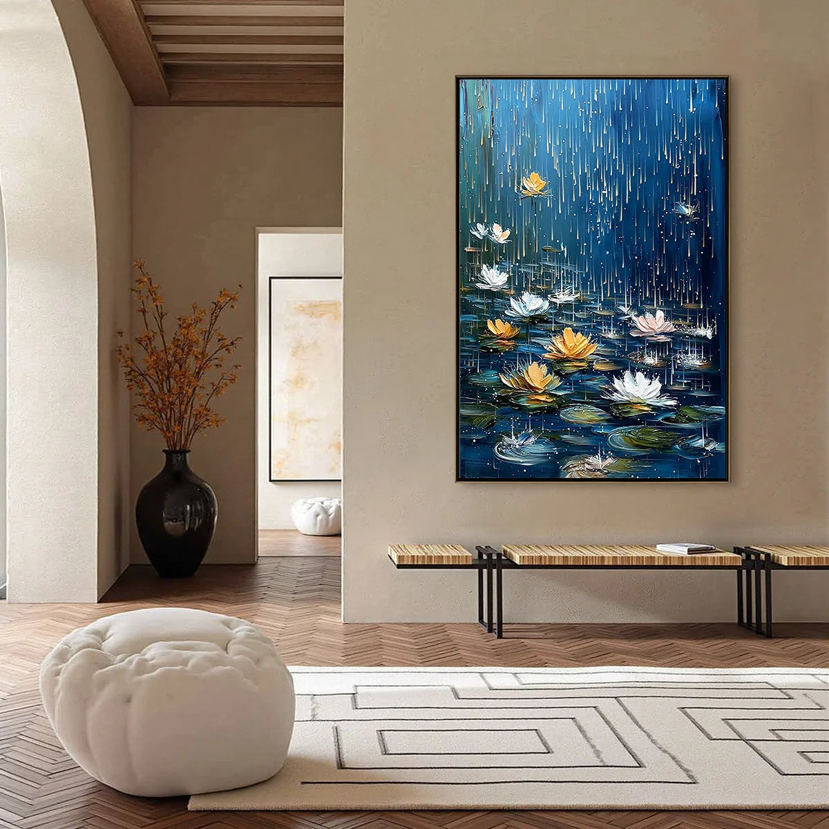 CELESTIAL RAIN: Textured Impasto Painting of Water Lilies in Rain | black frame version on white wall
