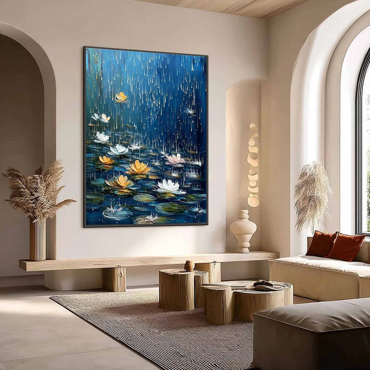 CELESTIAL RAIN: Textured Impasto Painting of Water Lilies in Rain | Abstract mood, soft natural light studio shot