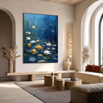 CELESTIAL RAIN: Textured Impasto Painting of Water Lilies in Rain | Abstract mood, soft natural light studio shot
