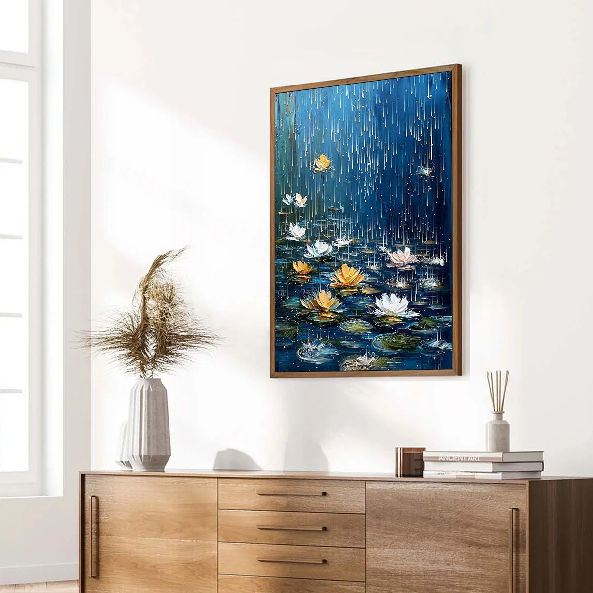 CELESTIAL RAIN: Textured Impasto Painting of Water Lilies in Rain | blue palette, original Hand-painted on premium stretched canvas with artist-grade oils; rich layered surface creates a luminous, ...